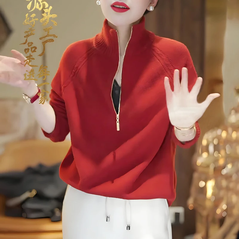 高贵上档次橘红色针织衫女装秋冬2024新款简约时尚立领半拉链毛衣