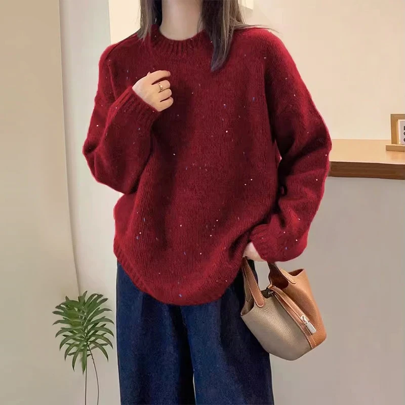 新年战袍红色毛衣高级感重工亮片软糯针织衫2024冬季新款套头上衣