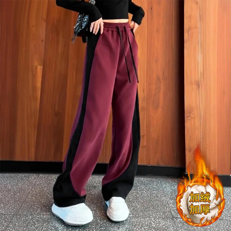 酒红色加绒裤子女款爆款2024新款糯米裤秋冬款加厚宽松高腰梧桐裤