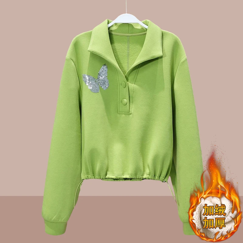 欧货加绒加厚卫衣外套女士绿色蝴蝶翻领2025秋冬新款气质短款上衣