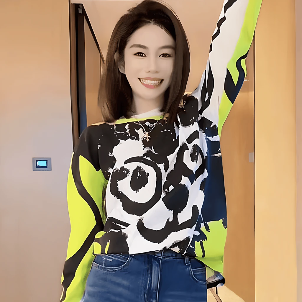 秋季网纱印花长袖T恤女装网红打底衫2024洋气独特漂亮减龄款上衣