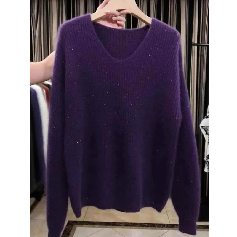 今年流行漂亮紫色V领毛衣女秋冬2024新款慵懒高级感亮闪闪针织衫