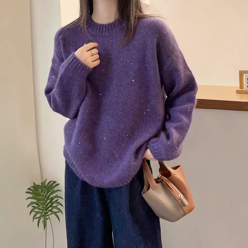 高级感紫色显白星空毛衣女秋冬加厚保暖宽松慵懒风软糯套头针织衫