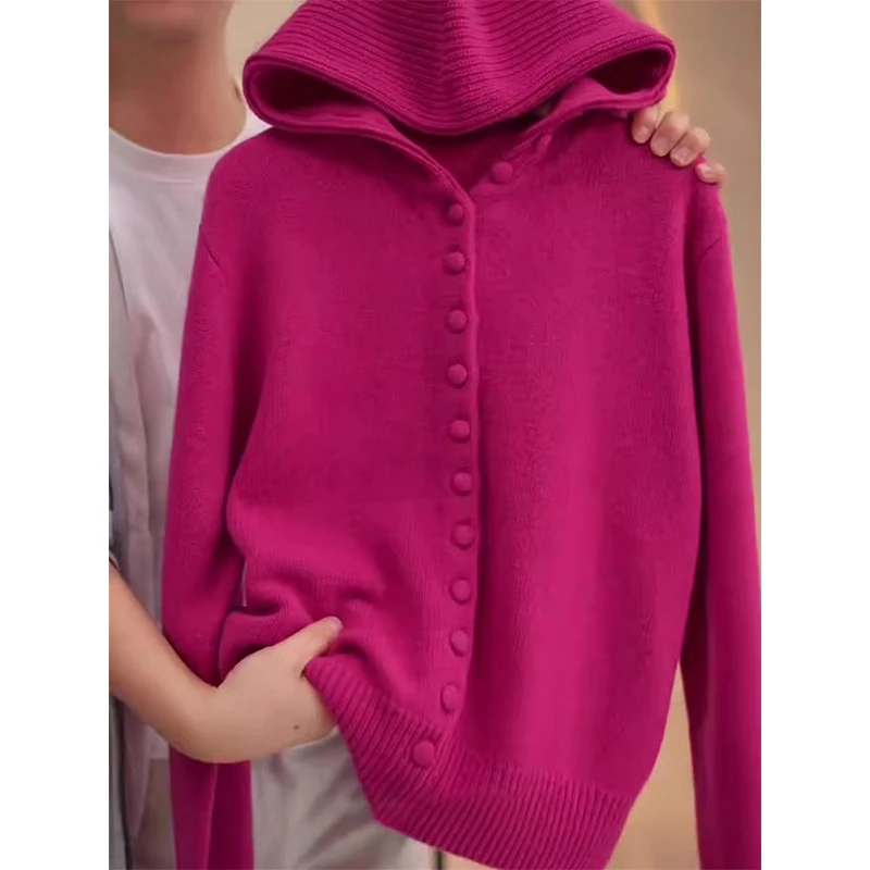玫红色宽松慵懒风针织开衫秋冬2025年女款休闲连帽高级感毛衣外套