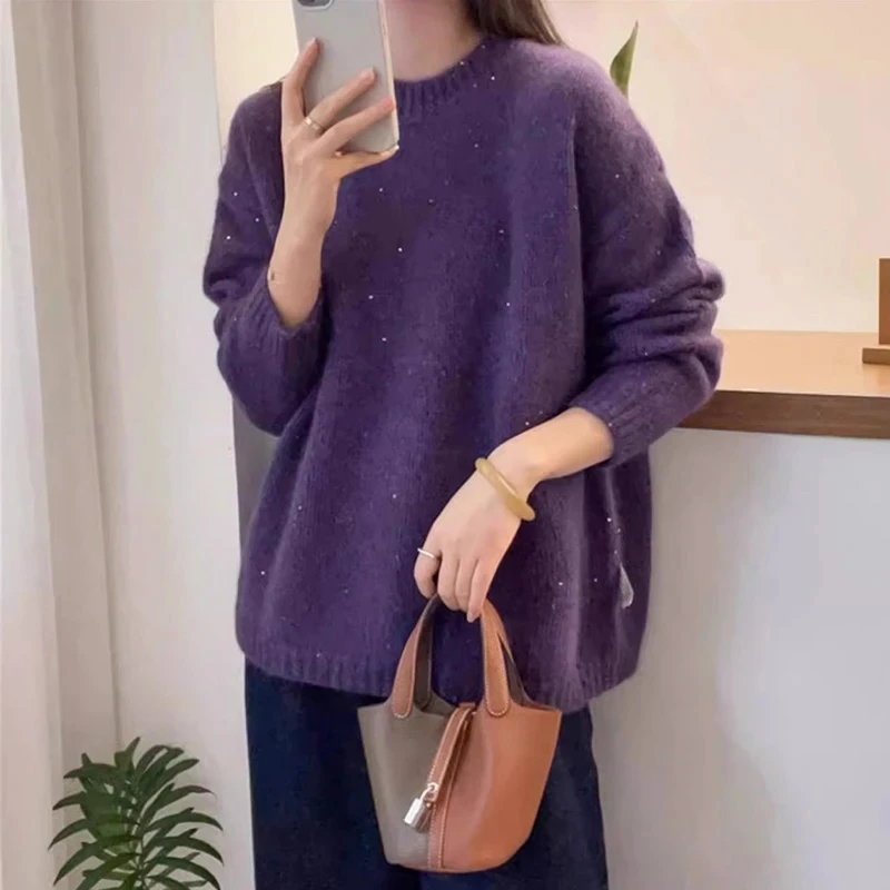紫色毛衣女款2024款网红款洋气宽松亮闪闪针织衫冬季保暖打底上衣