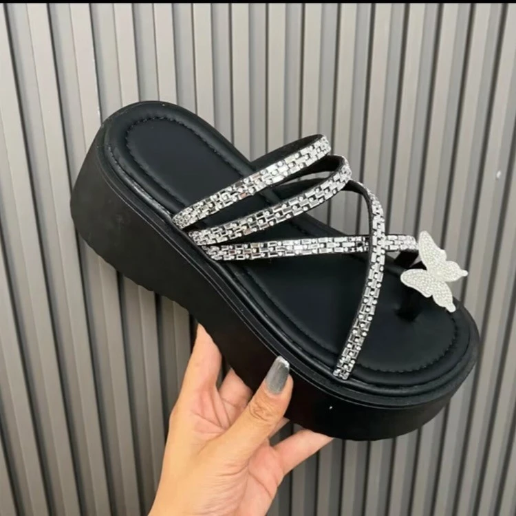 网红休闲百搭夏季小众厚底凉拖鞋仙女风一字带露趾露趾交叉凉拖鞋