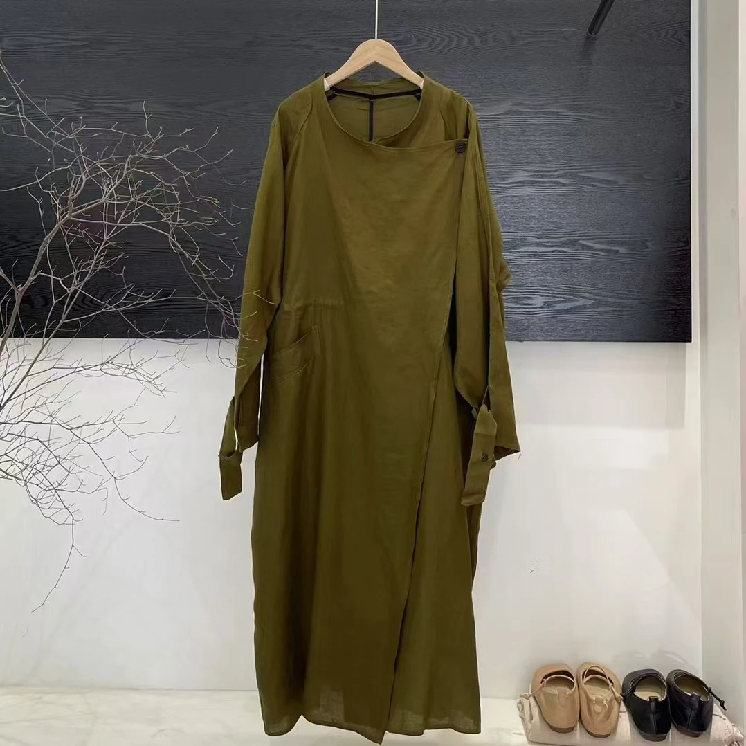 亚麻抽绳长款风衣外套