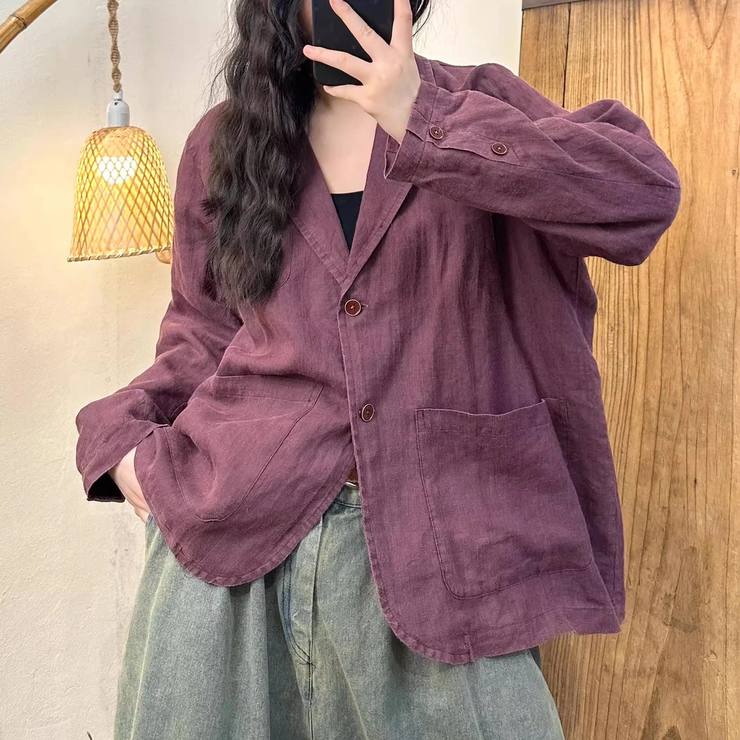 秋季新款高定苎麻做旧双层翻领西服女