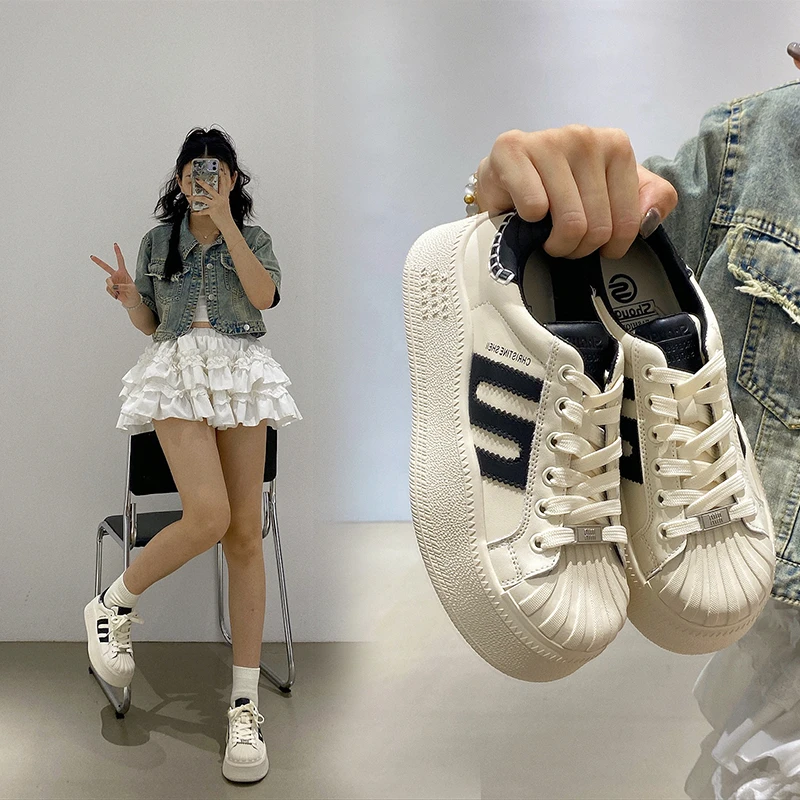 休闲贝壳头小白鞋大头丑萌小个子百搭增高厚底松糕面包板鞋女
