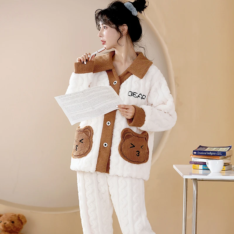 女士可爱外穿甜美套装大码秋冬季法兰绒睡衣女款家居服珊瑚绒宽松