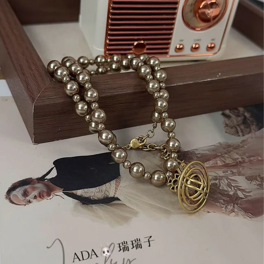 铜合金仿珍珠项链 046 咖啡金色贝贝珠黑金土星快乐星球项链