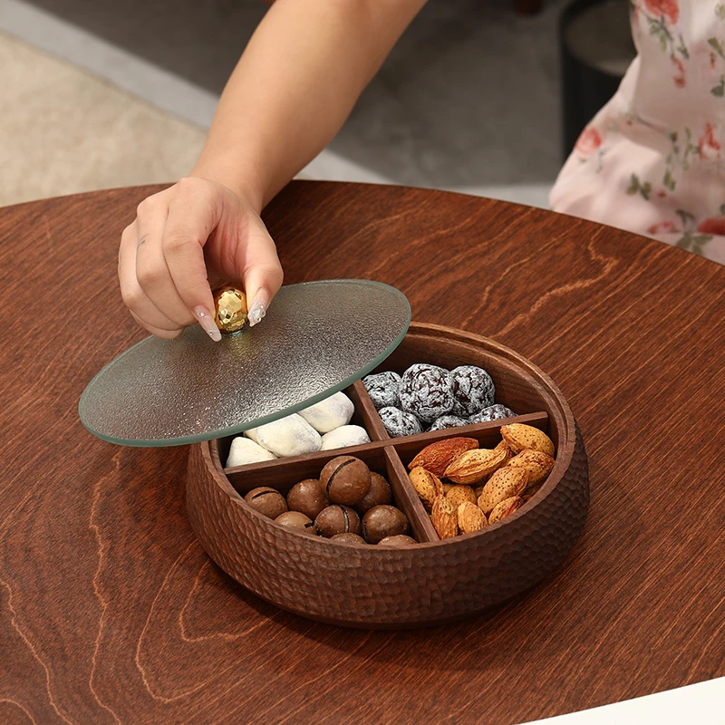 北美黑胡桃木整木果盘手作雕刻糖果盒分格带盖零食瓜子干果收纳盒