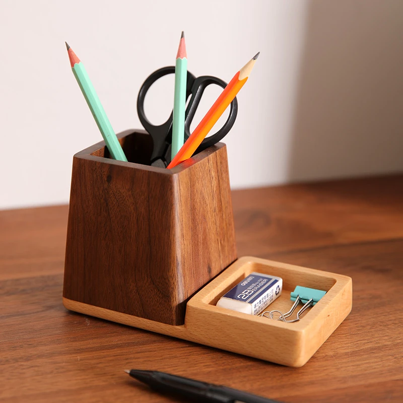 创意实木笔筒黑胡桃木质收纳罐轻奢学生笔盒桌面化妆刷收纳盒礼物