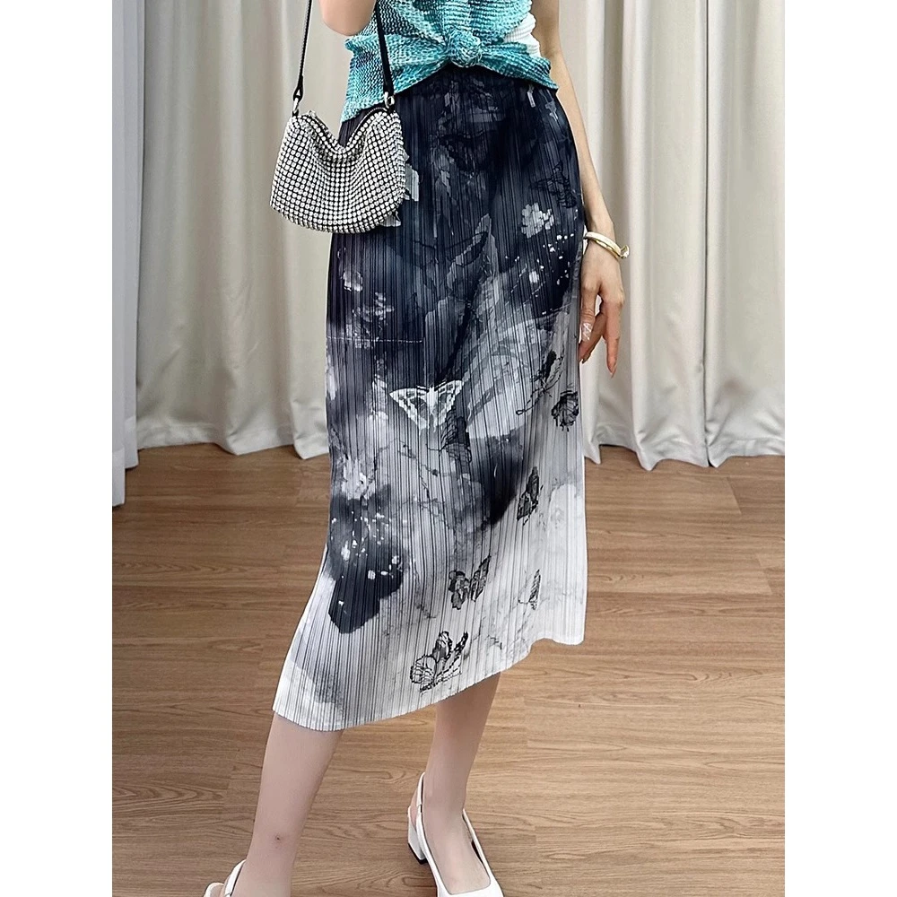 气质时尚显瘦半身裙蝴蝶印花百褶裙褶皱高腰遮胯优雅中长款A字裙