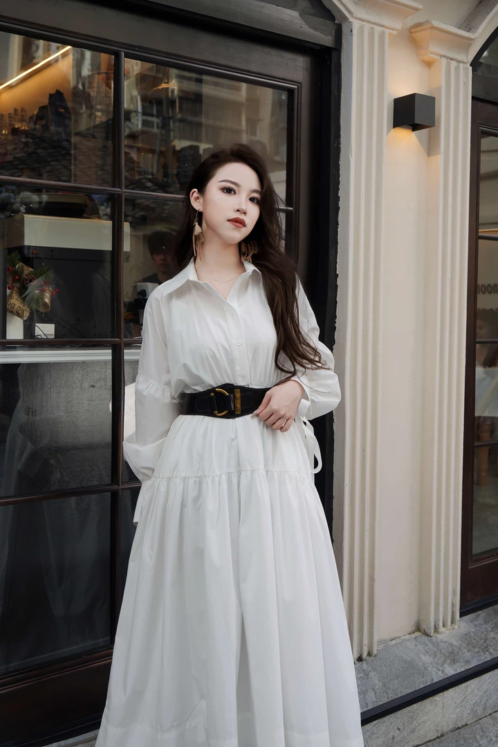 【YISHEN】欧洲站设计师原创新款秋腰带缩褶翻领连衣裙束腰大摆长裙