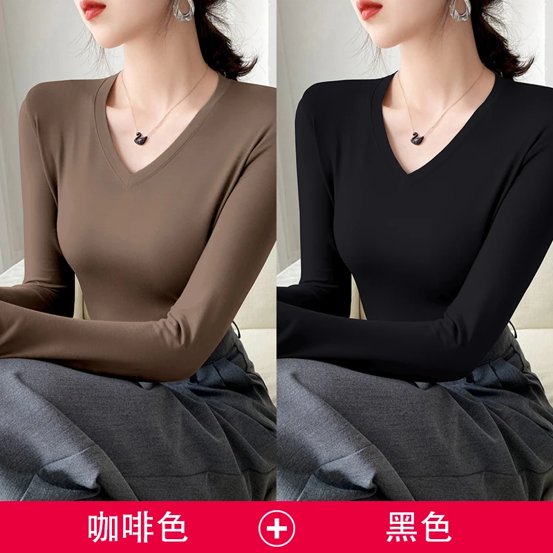 德绒黑色低领打底衫女内搭秋冬修身长袖T恤V领上衣春秋2025新款