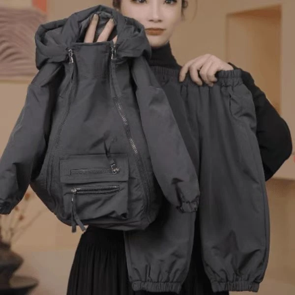 【夹棉】儿童秋冬季新款套装韩版休闲宽松纯色连帽冲锋衣两件套