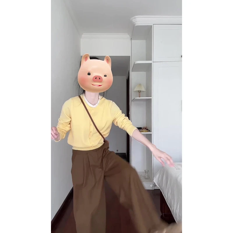 2024新款女士秋季时尚撞色假两件长袖针织开衫上衣高腰宽松阔腿裤