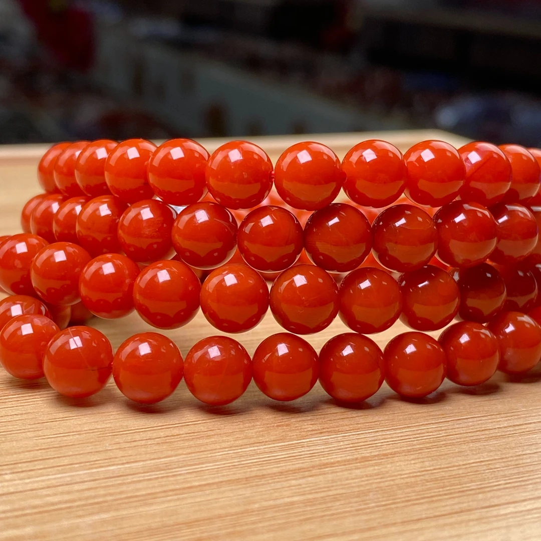 诚信经营支持年退换 蒙古南红一级珠链纯正柿子红8mm多样性发一