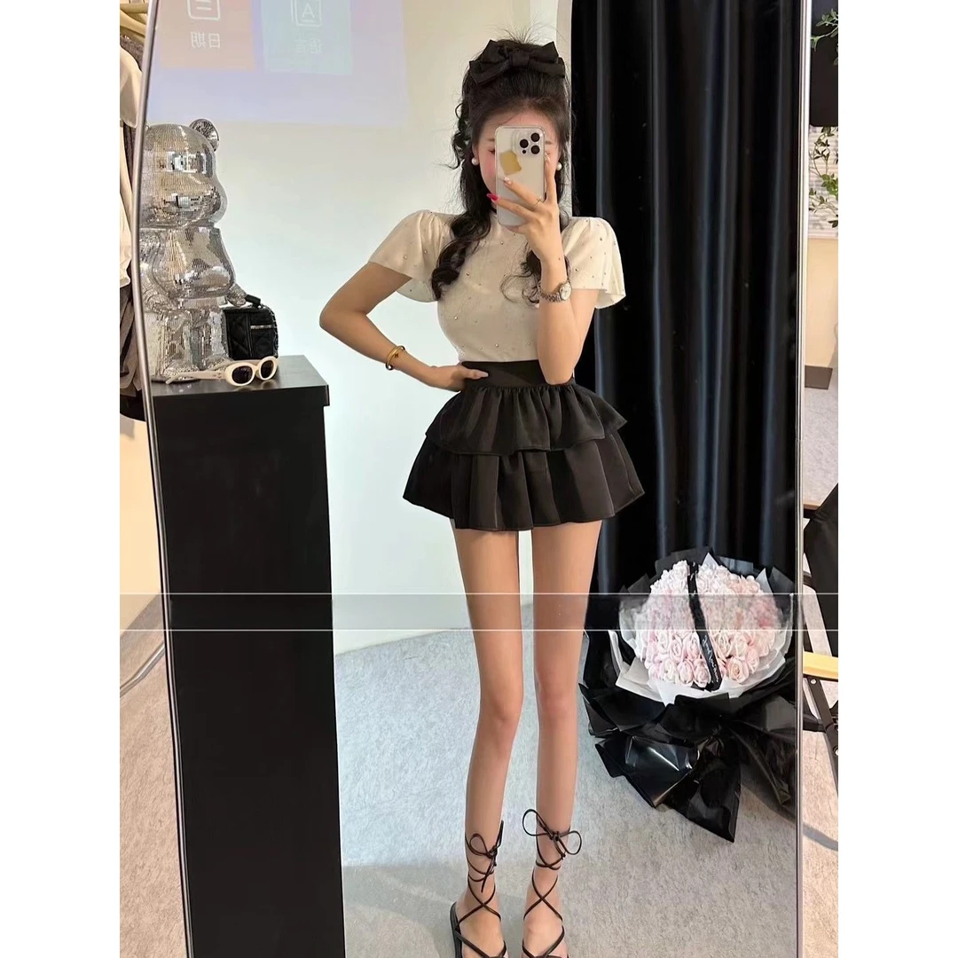 2025小个子夏季黑色赫本风小黑裙高腰蛋糕裙显瘦防走光蓬蓬半身裙