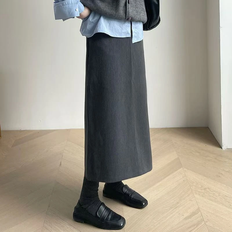 2025春秋韩版新款灰色a字半身裙女显瘦高腰过膝中长款开叉长裙ins
