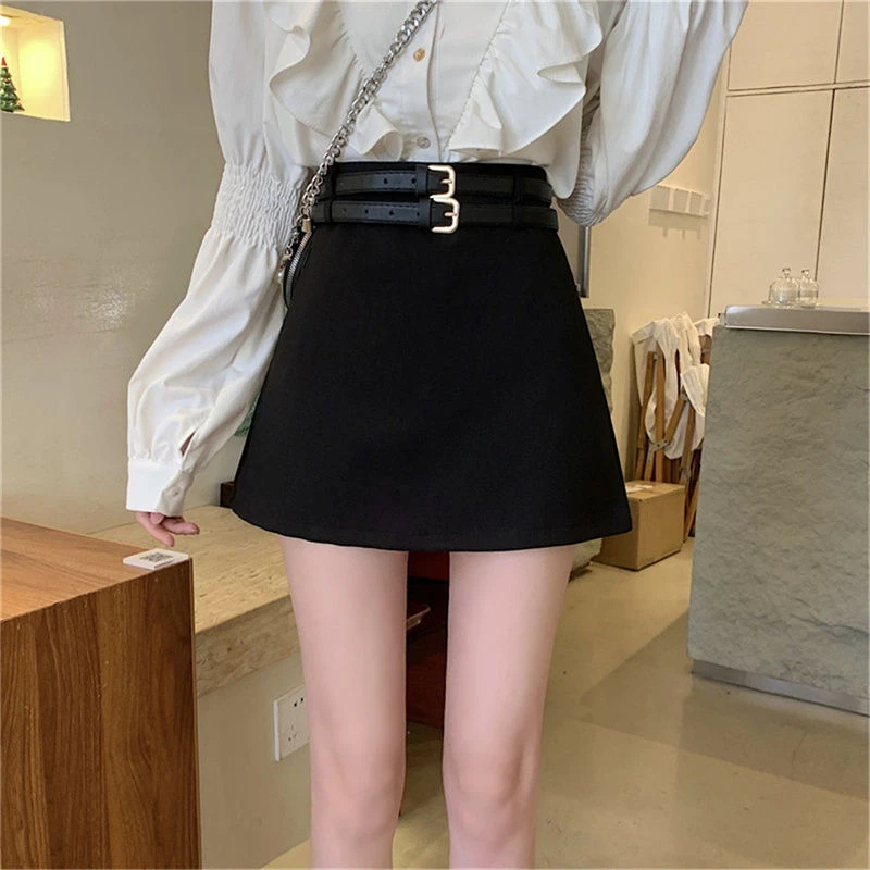 春秋新款双腰带短裙女韩版小黑裙高腰显瘦小个子A字半身裙设计感.
