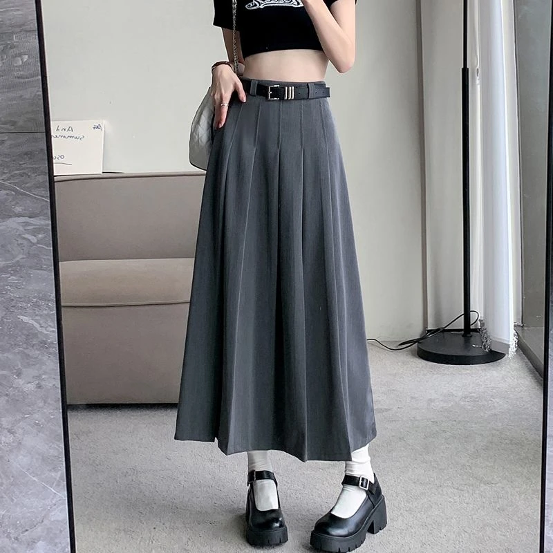 高级感灰色西装百褶裙女春秋高腰a字中长款半身裙小个子2025新款