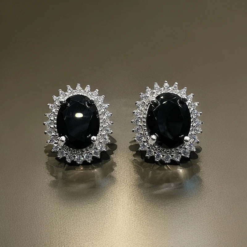 【山东蓝宝石】S925银镶天然山东黑美人蓝宝石戴妃耳钉耳饰