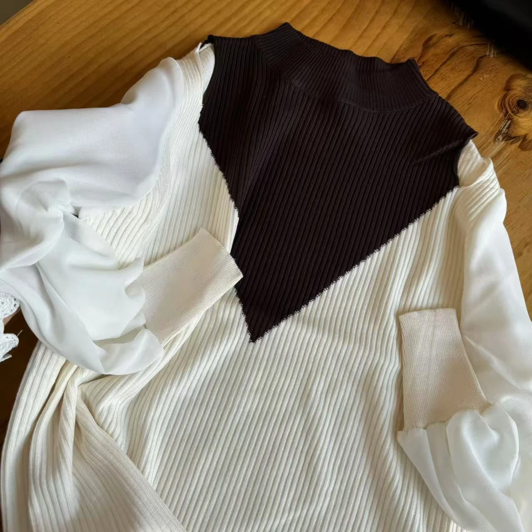 【WJ】 秋款  崔  0013   单色拼接针织上衣 （均码）