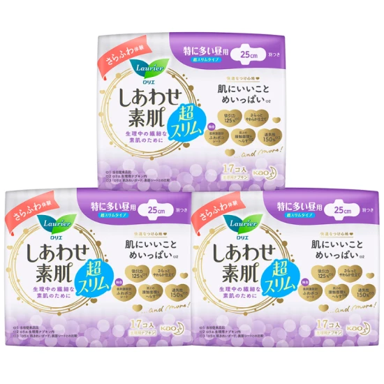 乐而雅 日本进口 F透气棉柔超丝薄特长日用护翼型卫生巾 17片*3包