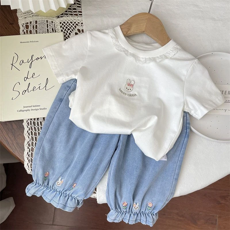 女童夏季新中小童女宝宝款套装洋气上衣T恤+洋气防蚊裤可爱两件套