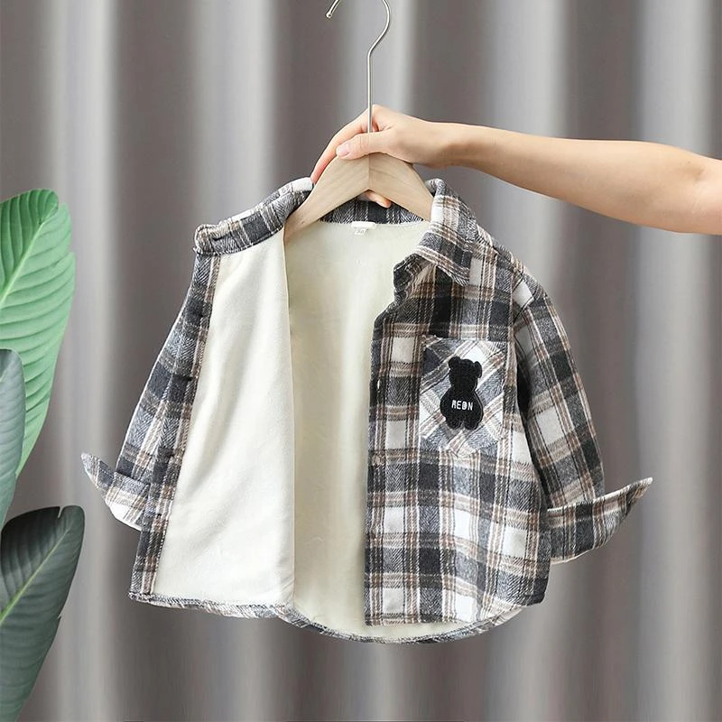 洋气格子衬衫2023新款男童秋冬季加绒衬衣酷帅男孩韩版冬装上衣潮