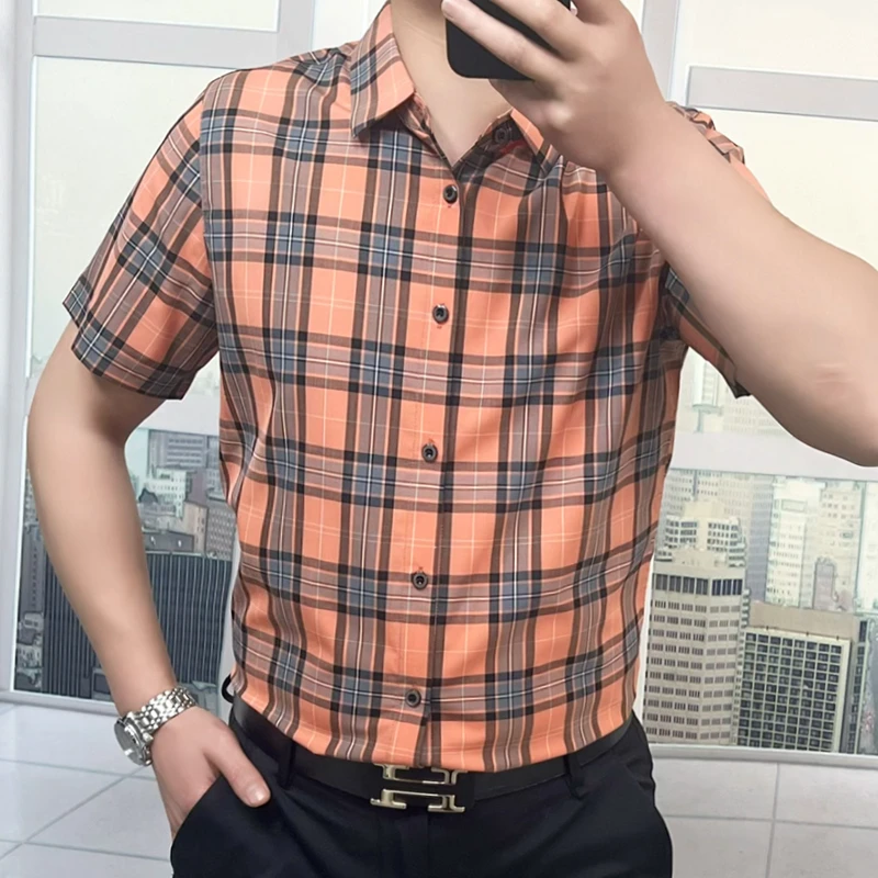 潮流男士短袖衬衫夏季薄款2024新款男装免烫抗皱格子时尚百搭衬衣