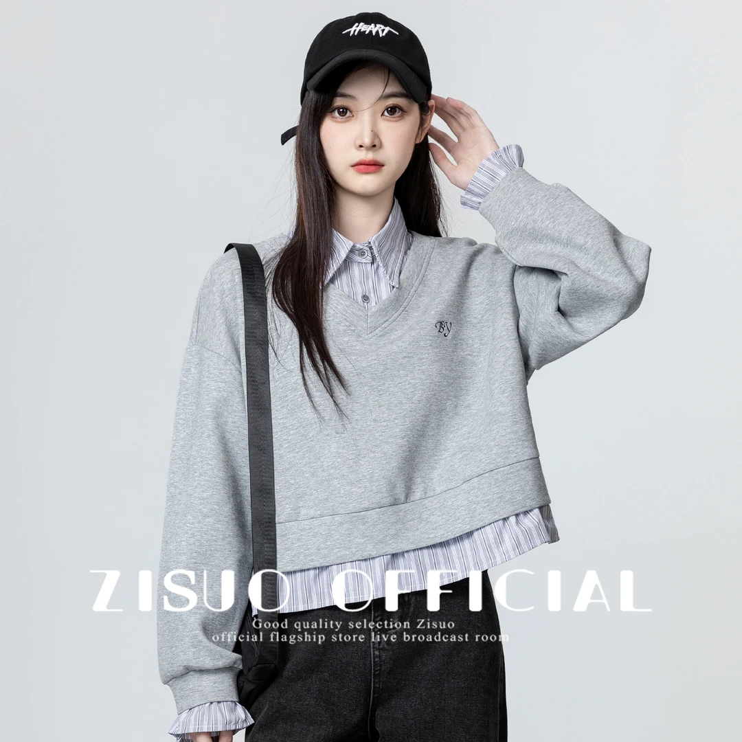 灰色POLO领卫衣女春秋2024新款学院风假两件拼接条纹衬衫短款上衣