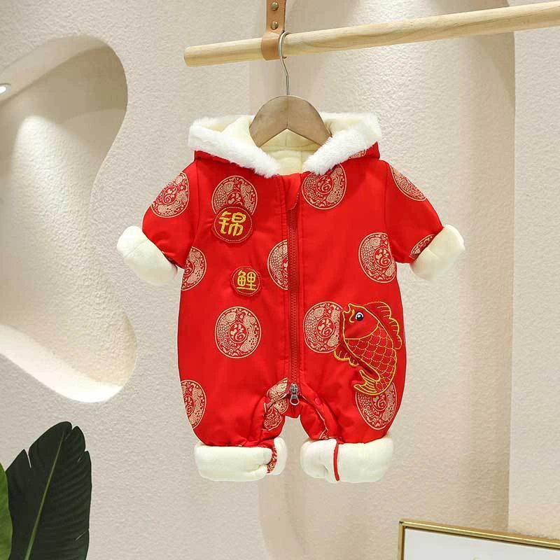 婴儿冬季新款男女宝宝拜年服锦鲤大红拜年服哈衣