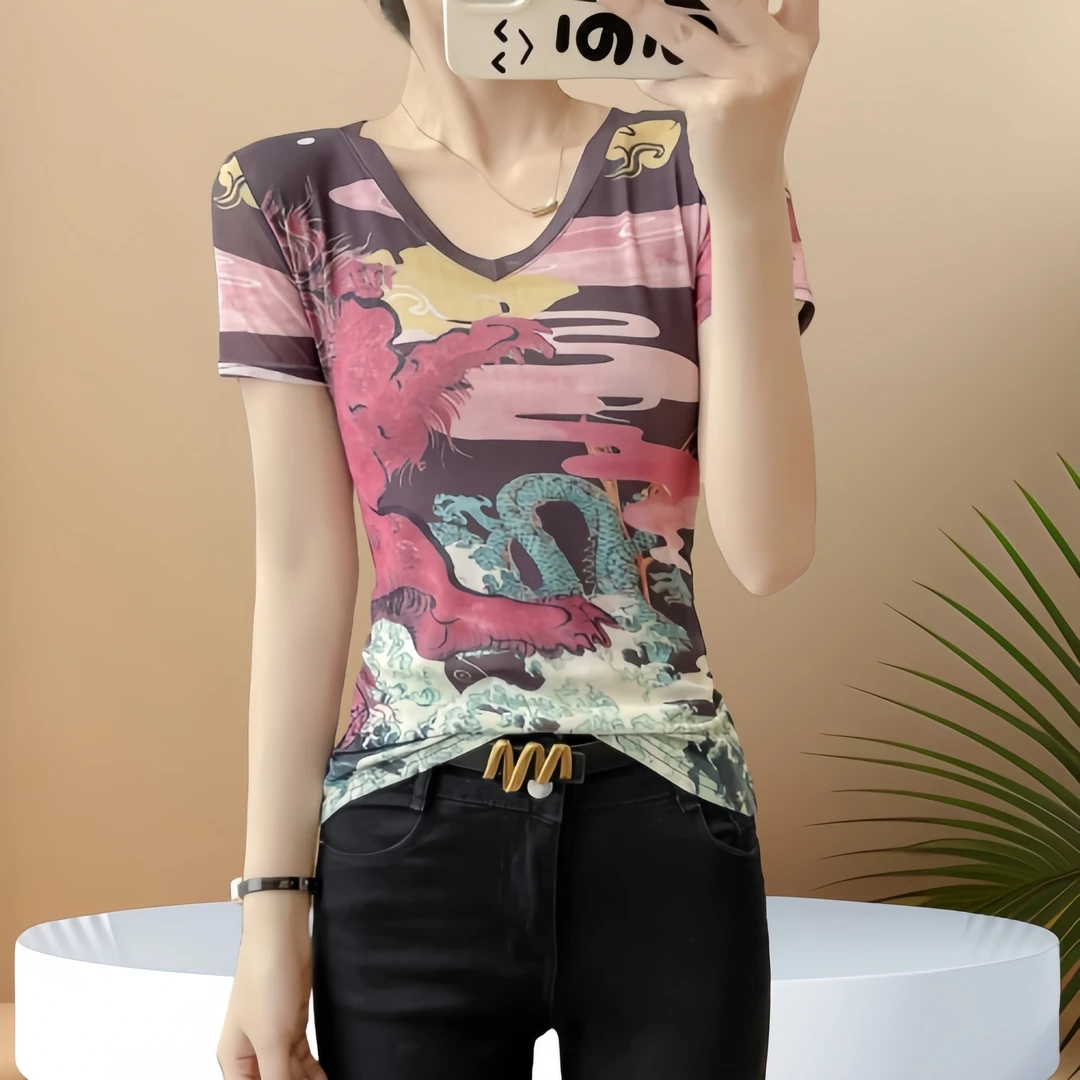 高档次中国风印花网红网纱短袖t恤女2025年夏季新款爆款洋气上衣