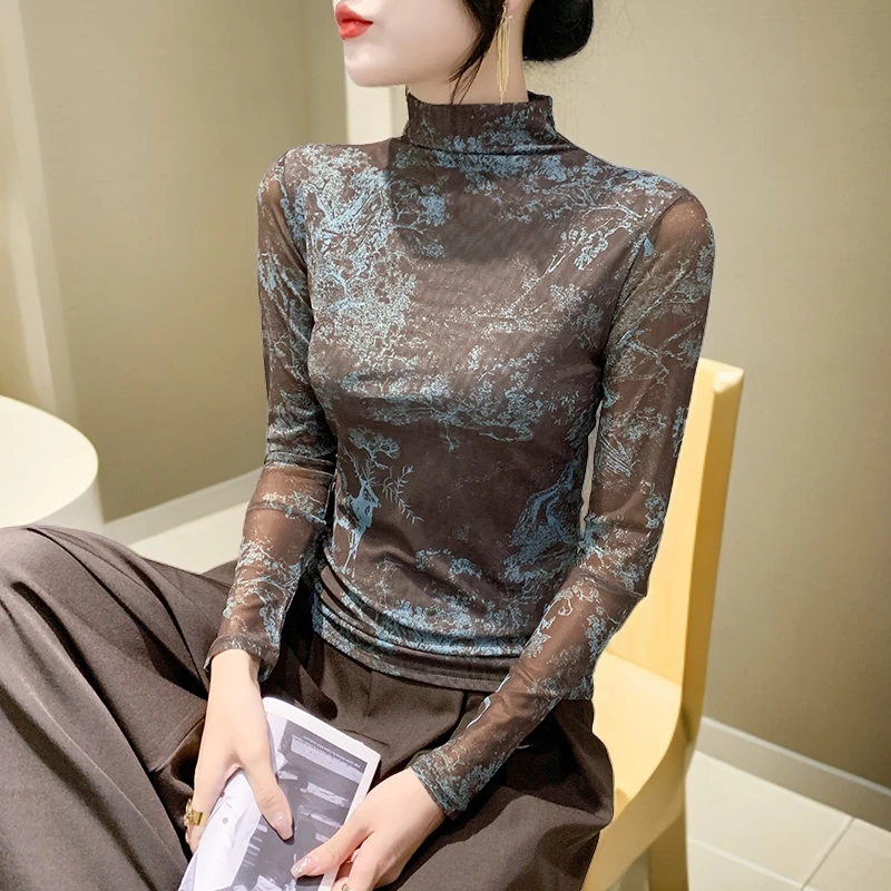 高档网纱打底衫女内搭可外穿洋气上衣秋冬新款长袖高级感t恤小衫