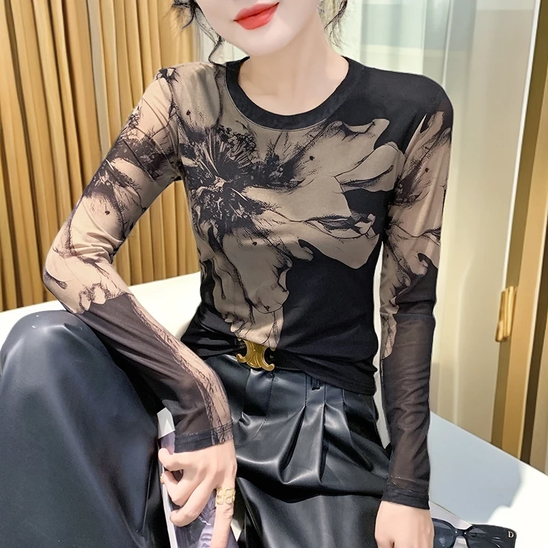 高档气质网纱打底衫女内搭可外穿洋气上衣早秋长袖t恤高级感纱衣