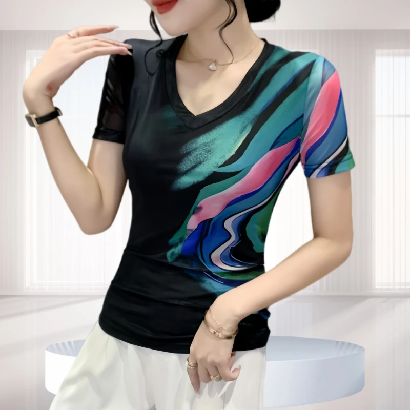 高档气质网纱短袖t恤女2025新款爆款独特漂亮减龄款上衣时尚洋气