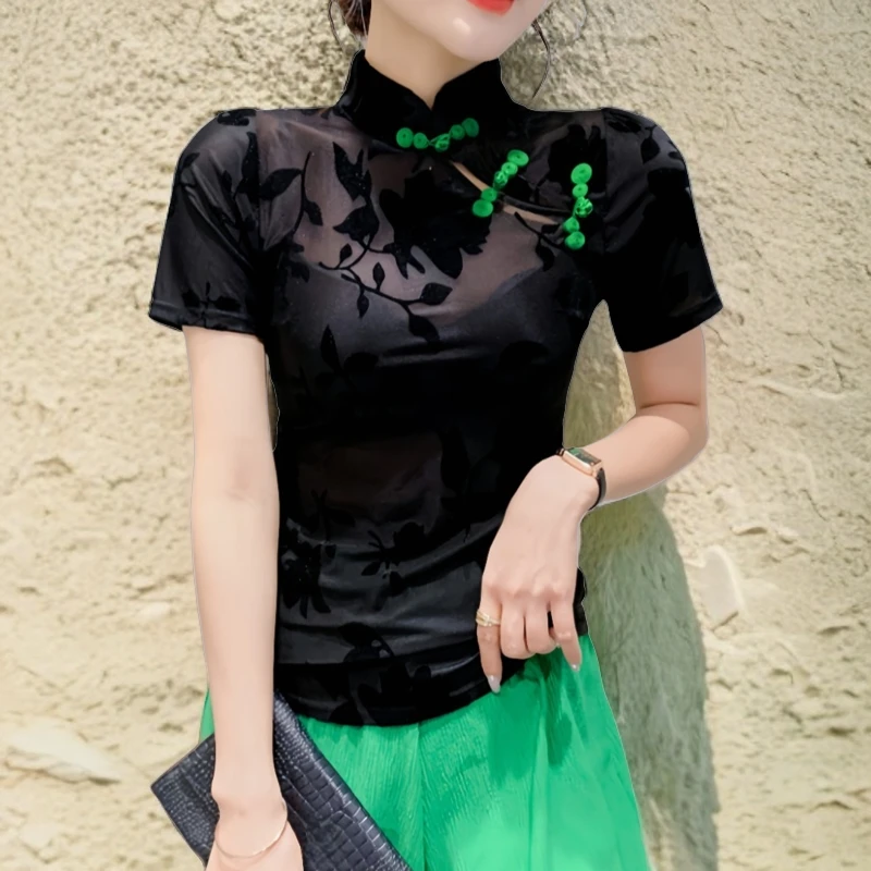 新中式高档网纱短袖t恤衫2025夏季新款爆款时髦洋气盘扣半袖上衣