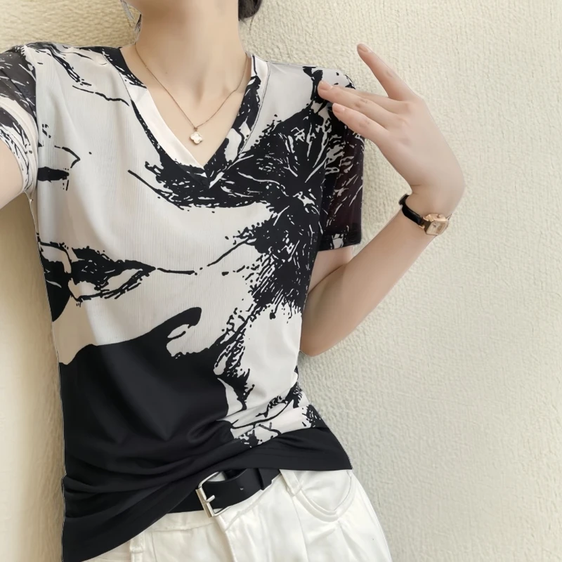 高档气质网纱短袖t恤夏装女款爆款2025新款时尚洋气半袖上衣纱衣