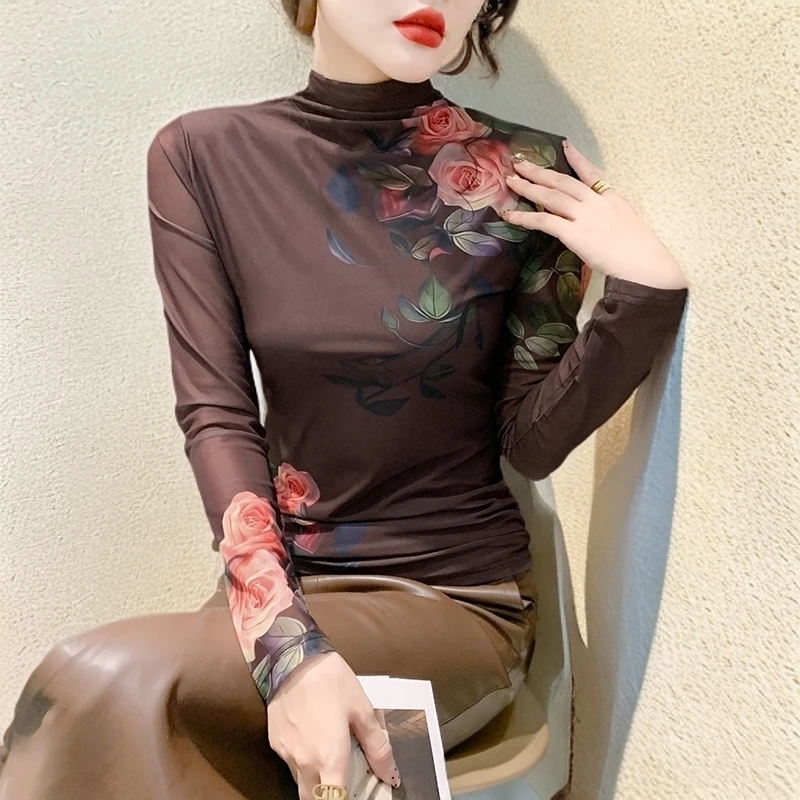 秋冬高档内搭肌肤网纱打底衫女爆款2024新款长袖印花上衣洋气纱衣