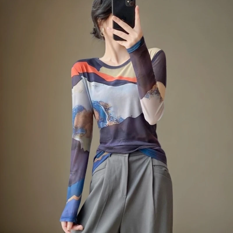 洋气正版网纱上衣打底衫女爆款2025新款秋冬长袖蕾丝独特漂亮小衫