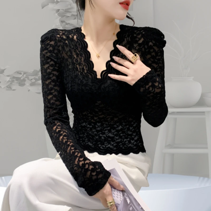 秋冬新款时尚百搭服装气质蕾丝打底衫女独特漂亮小衫加绒长袖上衣