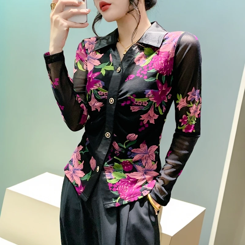 高贵上档次花色长袖衬衫女早秋新款气质显瘦上衣高级感打底衫洋气