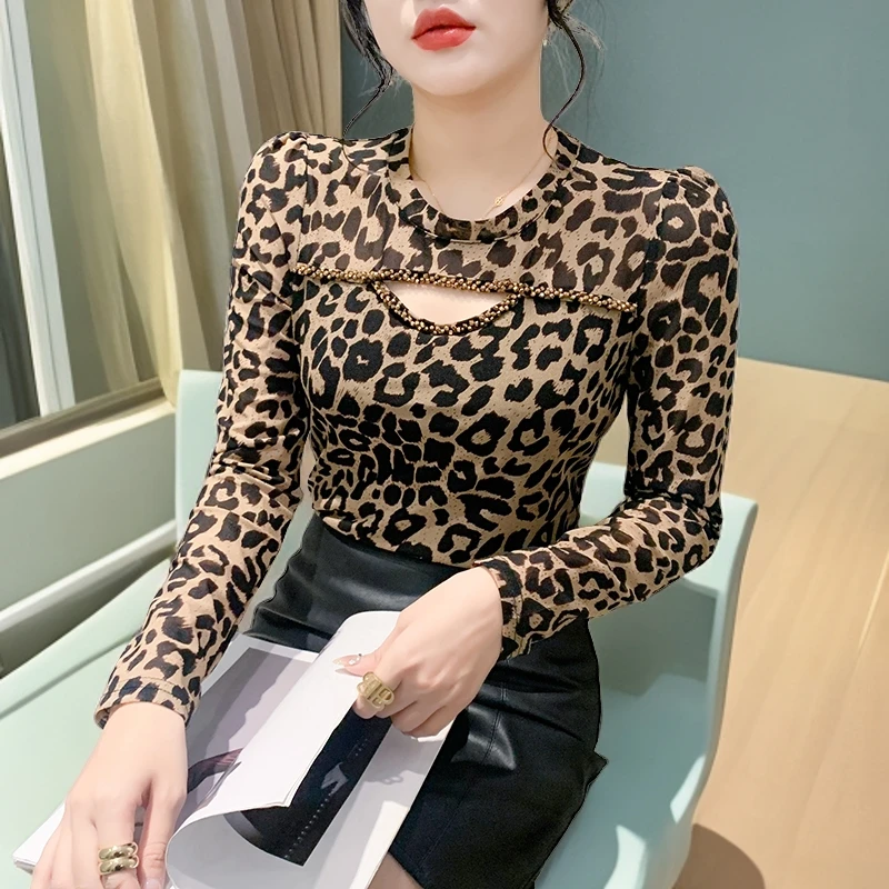 高档正品豹纹网纱打底衫女内搭可外穿洋气上衣早秋高级感长袖t恤