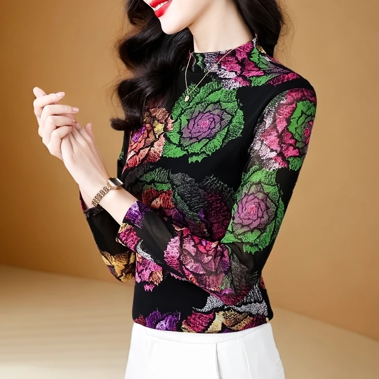 春秋季女款气质服装长袖中国风印花正版网纱上衣高级感外穿打底衫