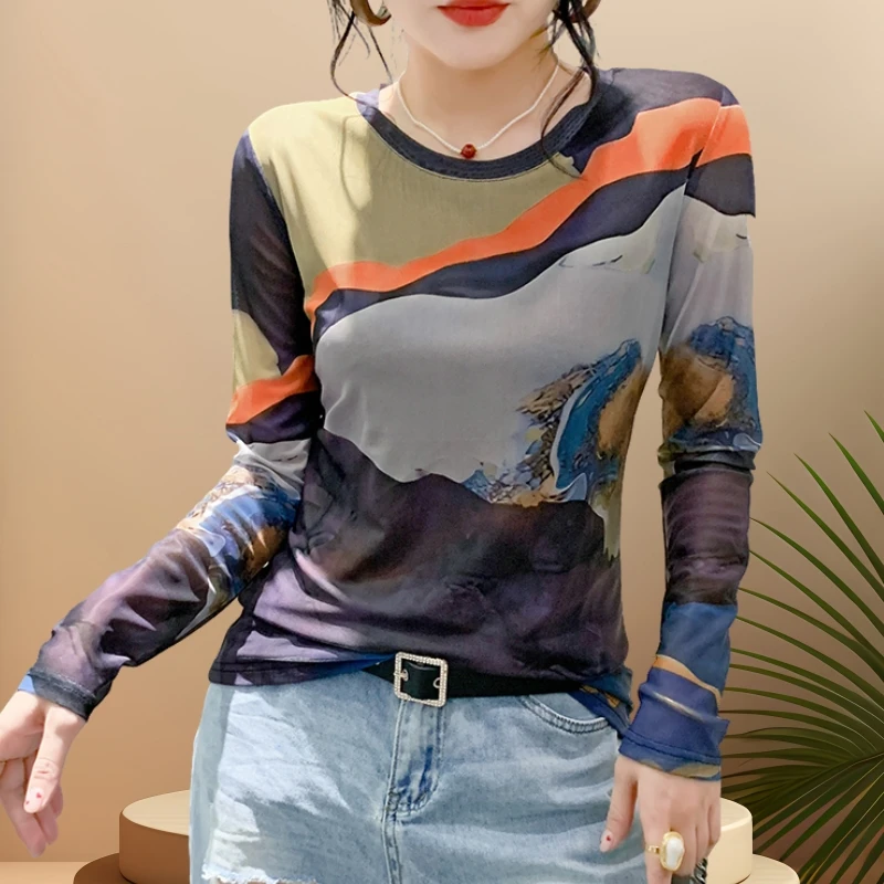 时尚网纱打底衫女2025春秋新款网红爆款长袖t恤上衣高级感纱衣潮