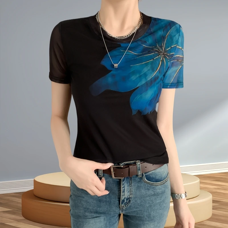 高档网纱短袖t恤夏装女款爆款2025新款漂亮别致小衫上衣显瘦百搭