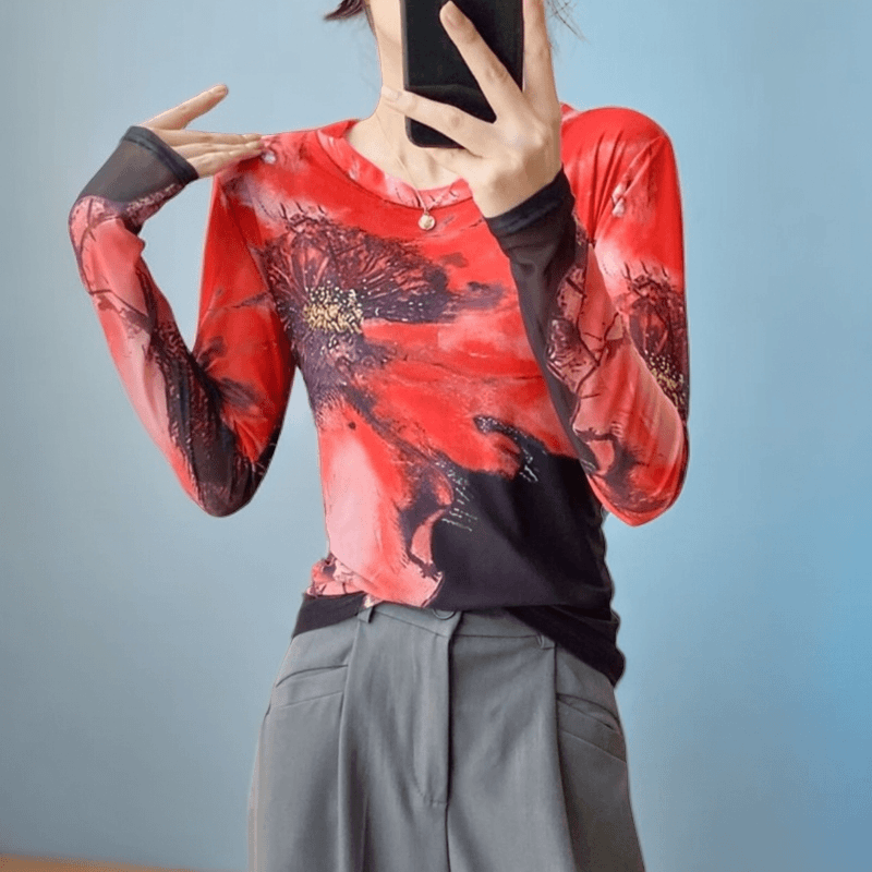 欧货潮牌印花网纱蕾丝衫女春秋时尚洋气上衣高级感内搭可外穿纱衣